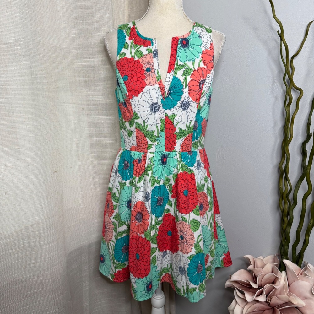 Y2K Vintage Bailey Blue Floral Fit and Flare Dress Pleated Tulle Pockets LARGE